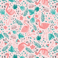 Vector seamless tropical pattern with pink flamingo, palm leaves, watermelon and pineapples. Summer tropical illustration. Trendy design for summer fashion textile prints and backgrounds.