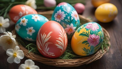 image of multi-colored Easter eggs with different patterns in a basket. Easter holiday