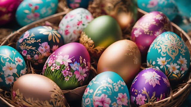 image of multi-colored Easter eggs with different patterns in a basket. Easter holiday