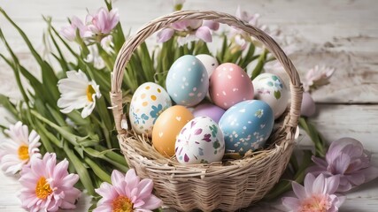 an image of multi-colored Easter eggs with various patterns in a basket against a background of blooming spring greenery and flowers. Easter holiday