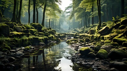 A patch of moss-covered rocks in a serene forest, displaying a soft and velvety texture