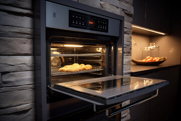 Modern kitchen with open oven