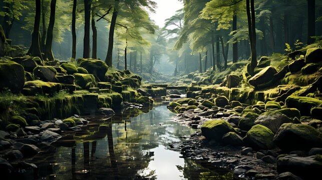 A patch of moss-covered rocks in a serene forest, displaying a soft and velvety texture