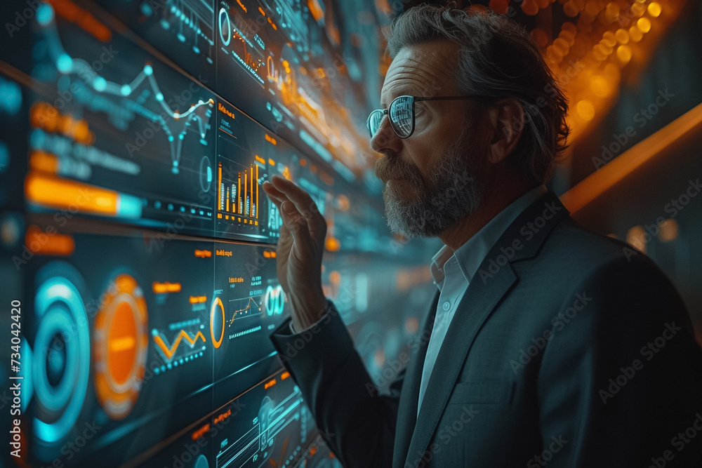Poster a businessman in a classic suit interacting with a large touch-sensitive wall display showing comple