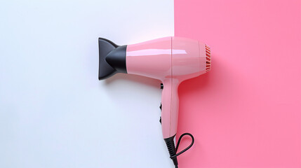 Pink hair dryer on a pink and white background. - obrazy, fototapety, plakaty