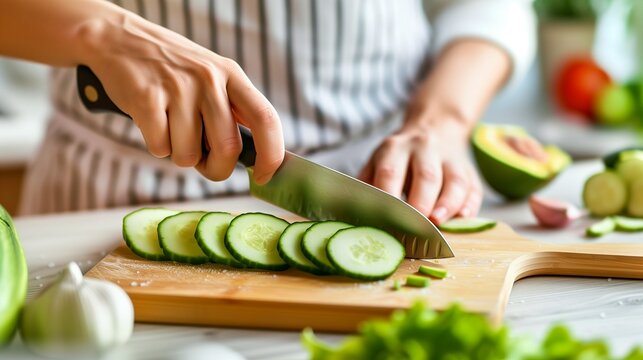 Women's hands chop a fresh cucumber with a knife on a cutting board at the kitchen table