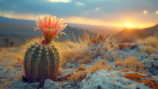 A big copy space with a cactus flower bloom in the desert captured during sunset showcasing its resilience and beauty