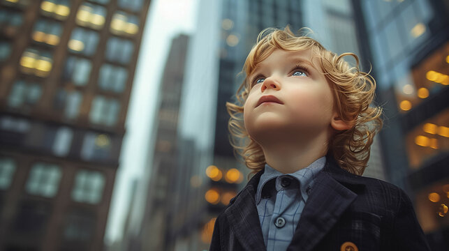 A childs photo of a future self dressed in a business suit standing confidently in front of a skyscraper The scene signifies the power of dreaming big nurturing aspirations