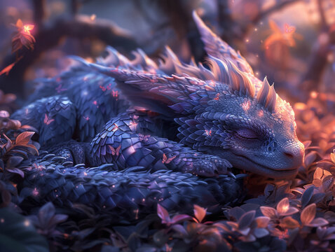 Digital painting of a small dragon-like creature with iridescent scales cuddling with a unicorn in a moonlit clearing The scene is serene with a magical glow
