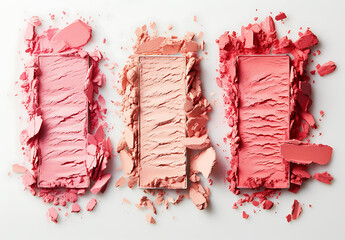 a row of three blushes in pink and coral in the style