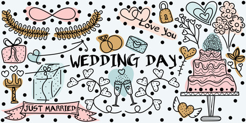 Colorful Doodle set Wedding Day with text Love you, Just married. Editable stroke. Multicolored vector hand drawn illustration done in black, blue, pink and yellow colors. Isolated on blue background	