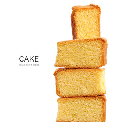 Creative layout made of fluffy cake on the white background. Flat lay. Food concept. Macro concept....