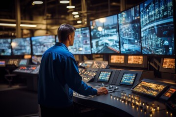 Engineer analyzing complex data on multiple computer screens in a high-tech control room.