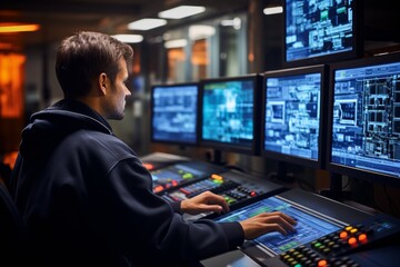 Engineer analyzing complex data on multiple computer screens in a high-tech control room.