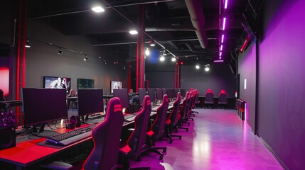 An empty esports gaming arena with professional computer setups and vibrant neon lighting