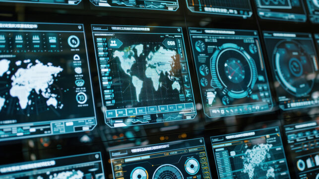 Multiple digital screens displaying interactive world maps and data analytics in a high-tech surveillance command center