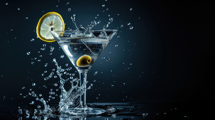 Clear cocktail in Martini glass, decorated with olives and lemon, with splash, on black background - obrazy, fototapety, plakaty