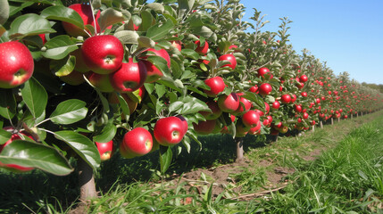 Apple orchard. A row of trees with red apples. 