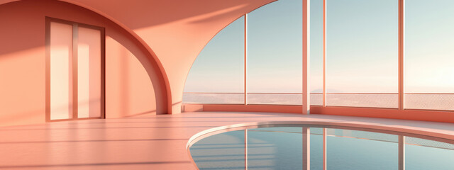 Fototapeta premium Coastal architecture with Peach Fuzz color Walls, minimalist background