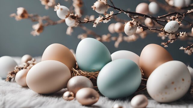 an image of Easter multi-colored eggs in a basket above which is a blooming branch of a spring cherry tree. Easter holiday