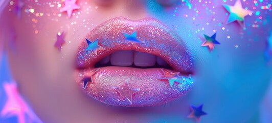 closeup woman's lip with make up pink blue neon star, Generative Ai - obrazy, fototapety, plakaty
