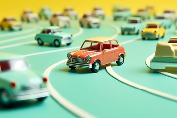 Cheerful miniature toy cars racing on a mint green track, forming a dynamic composition on a bright, solid backdrop.