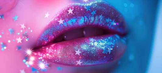 Fotobehang closeup woman's lip with make up pink blue neon star, Generative Ai © QuietWord
