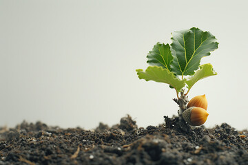 a small acorn tree in the soil in the style of white  - obrazy, fototapety, plakaty