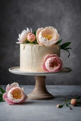 buttercream single tier cake with beautiful crafted sugar flowers, minimalist, pastel, on pedestal stand