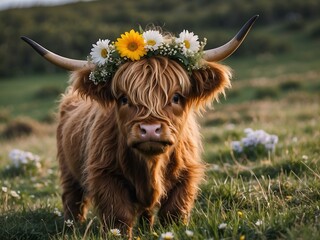 scottish highland cow with flower wreath, super cute