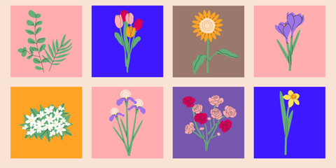 Flower bouquet.Spring and summer flowers, plants for decoration, blooming herbs isolated on colorful background.Hand drawn set.Vector illustration