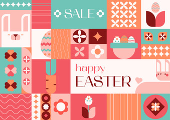 Happy Easter Sale geometric square bright flat banner.Easter eggs,rabbits,basket,eggs hunt.Perfect for promotion, poster, cover or postcard.Vector illustration