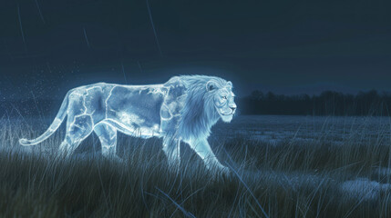 Magic shining lion ghost walking in savannah