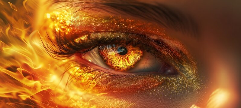 close up woman eyes wearing make up with fire burning in her eyes, Generative Ai