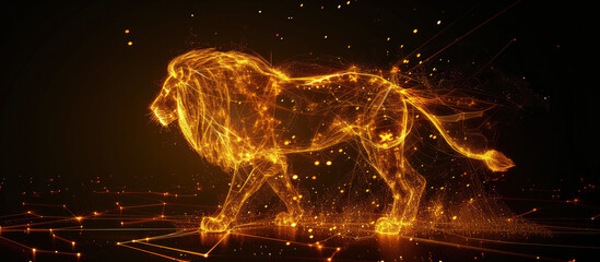 Walking lion made of fire and flames, magical unreal creature