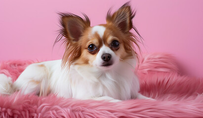 a small white and brown dog on a pink background in t