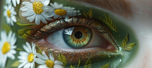 close up woman green eyes wearing make up paint in  green and white daisy flower, Generative Ai