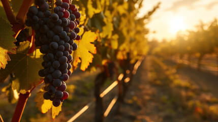 Clusters of red grapes in vineyard - obrazy, fototapety, plakaty