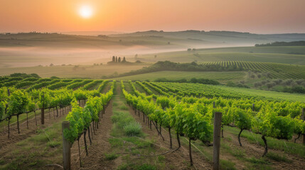 Fototapeta na wymiar Rows of vines in vineyard, foggy sunrise