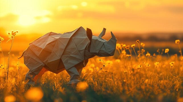 origami paper craft sculpture Rhino standing in  savannah grass field at evening time, Generative Ai