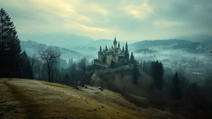 Beautiful medieval castle on top of a cliff - obrazy, fototapety, plakaty
