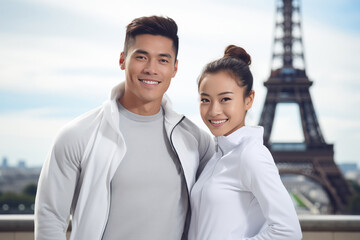 Young asian pair of athletes Olympians from the national team pose against the Eiffel Tower.Paris Olympics 2024.