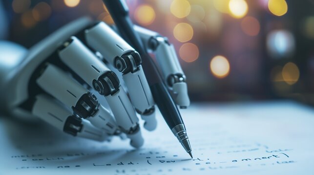 white Ai robot hand writing on document, idea for Artificial intelligence technology as human creative partner, assistant Ai, Chat bot, Generative Ai