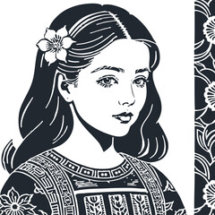 Young brunette woman with a flower on her head in Hawaiian style, engraving style, vector illustration