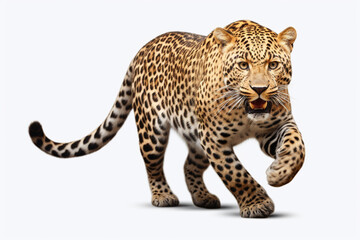 Fototapeta premium Leopard Charging on a White Background. Beautiful feline portrait