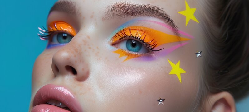 close up woman  eyes wearing make up paint in bright colorful tone color, spring theme, Generative Ai