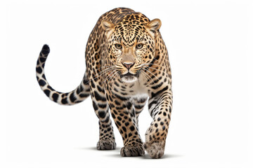 Obraz premium Leopard Charging on a White Background. Beautiful feline portrait