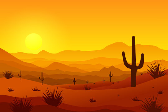 Sunset landscape of the Wild West. Beautiful desert landscape with sandstones, cacti and hills against the backdrop of an orange sunset. Desert vector illustration.