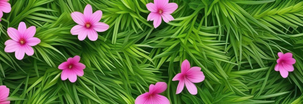 stock photo with space for text spring pink flowers with a small number of green leaves and blades of grass located on the left and 2/3 free space on the right for text 