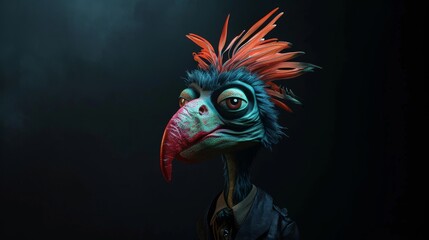Portrait of a bird with a long beak wearing a jacket on a black background